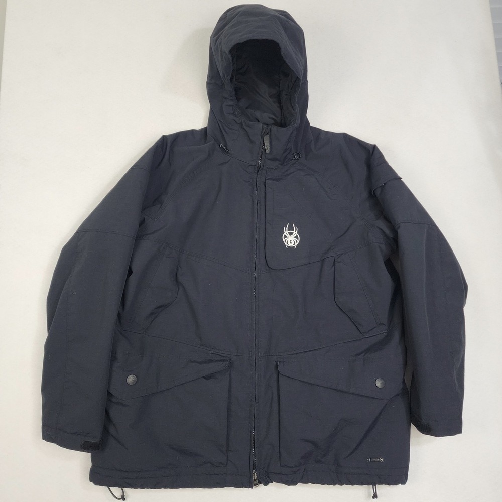 Spyder Hooded Winter Jacket Men XL Black Lined Drawcord Hem Long Sleeve Full Zip